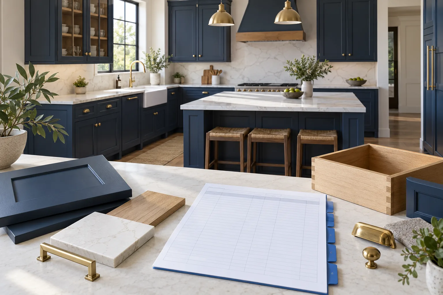 Navy kitchen cabinets and an oak drawer beside a blank tabbed cabinet schedule
