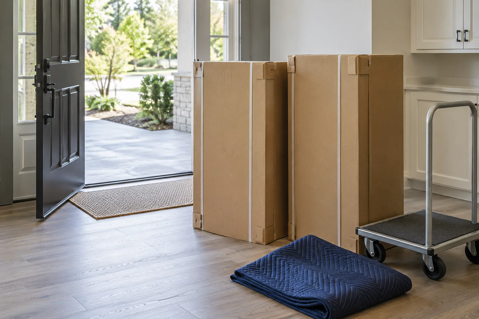 Wrapped cabinet cartons near an open entry and an empty hand truck with a blue blanket